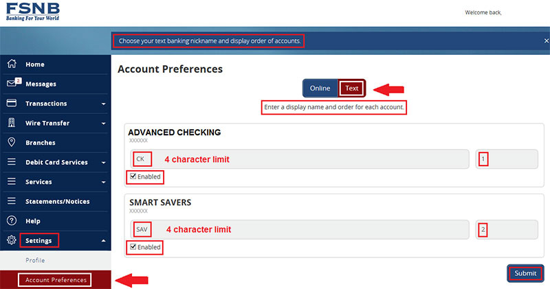 Online text banking enrollment