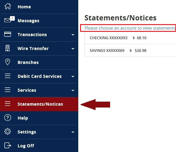 Online Banking app eStatements menu.